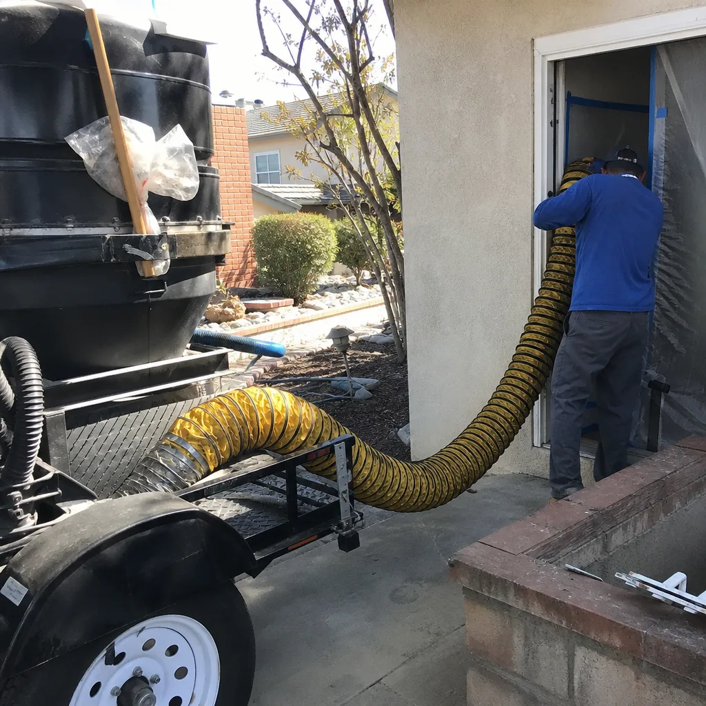 Professional air duct cleaning technician operating ventilation maintenance equipment.