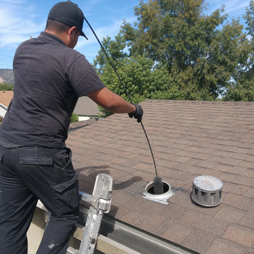 Technician performing professional dryer vent cleaning from a roof