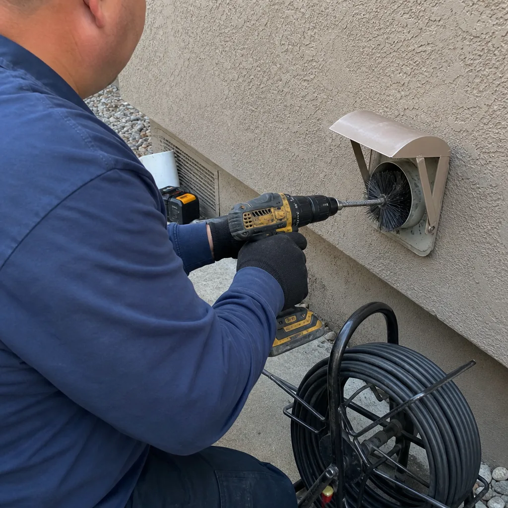 Technician using a rotating brush tool for residential dryer vent cleaning